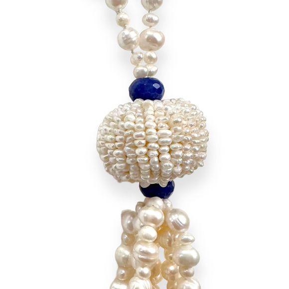 Vintage 1920’s Natural Pearl and Lapis Lazuli Long Tassel Necklace - Picture 5 of 6